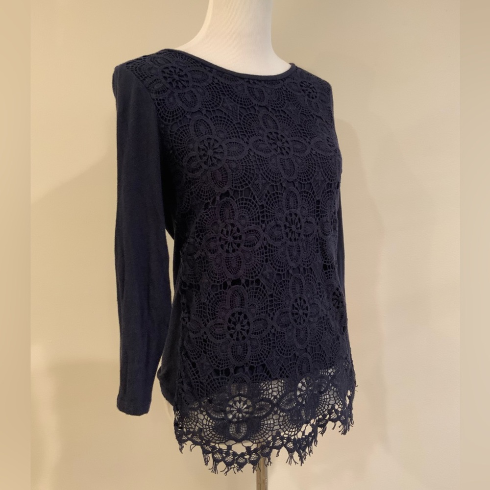 J. Crew Women’s Long Sleeve Lace Front Shirt in Navy Blue, Medium